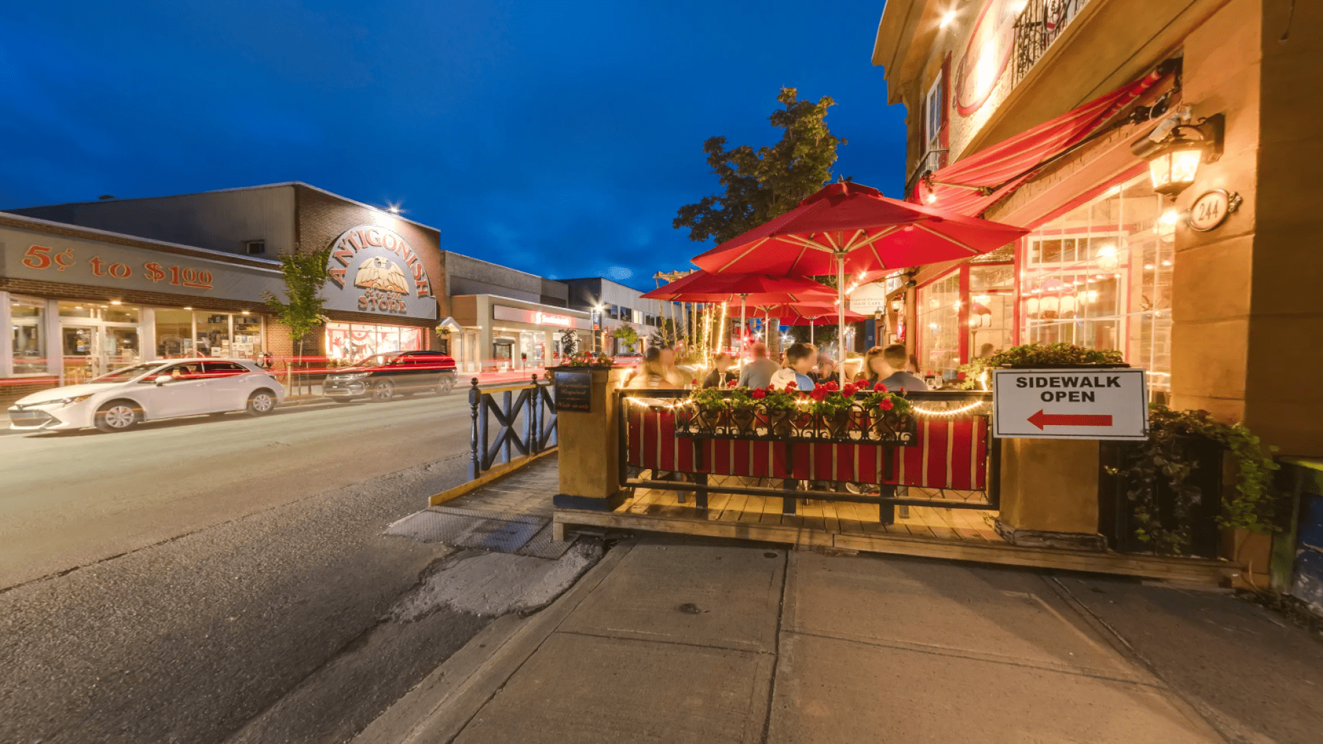 Main Street at night outside of Brownstone