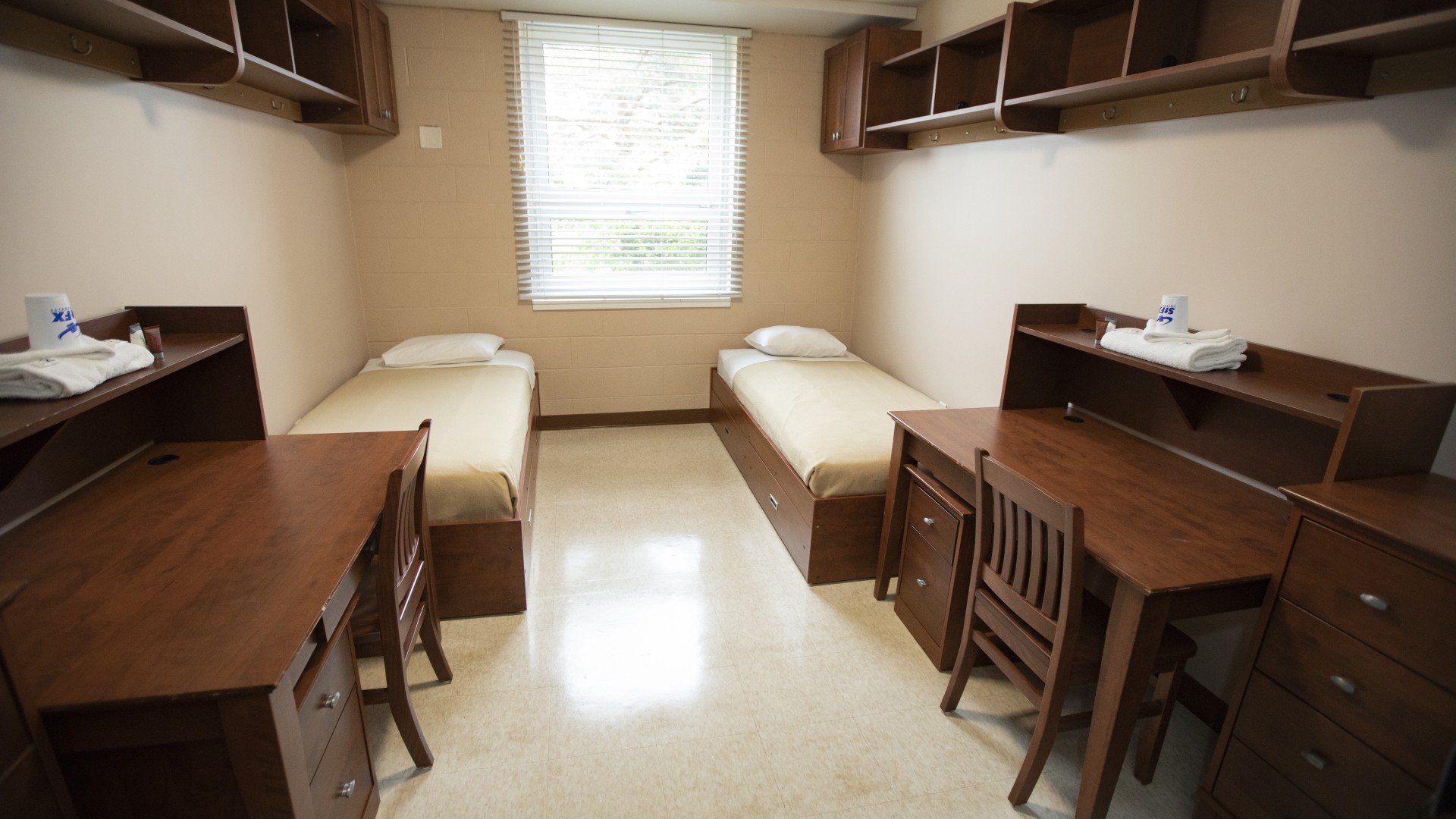 MacIsaac Hall double room with two beds, a window in between, two desks and storage.