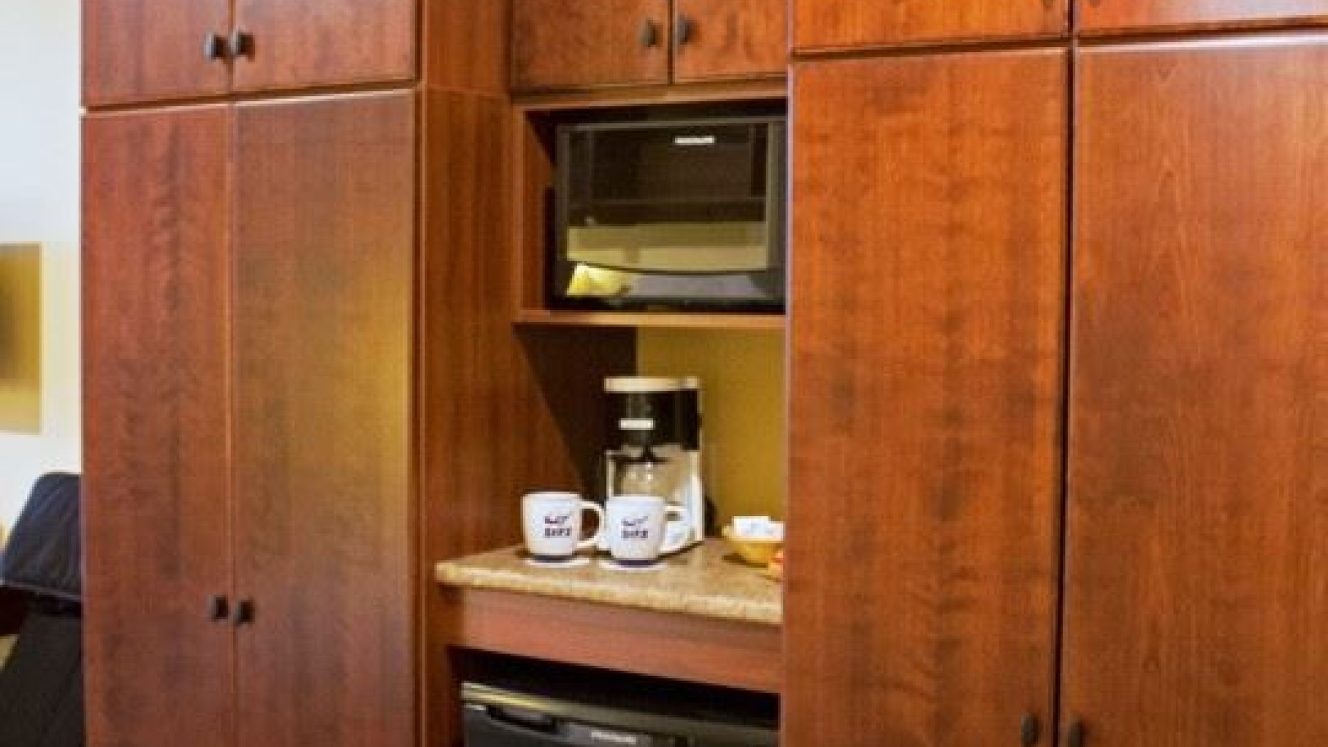 Storage space and mini fridge in a double suite 
