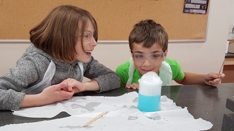 Students observing a chemistry experiment