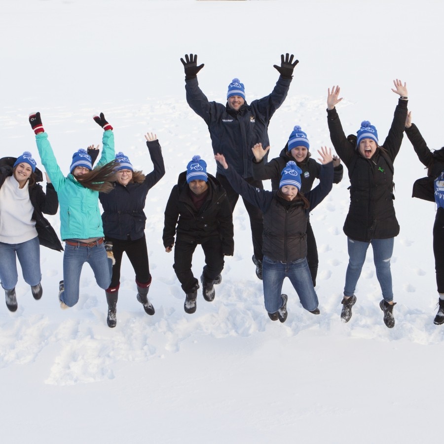 Group of people jumping for joy in the snow
