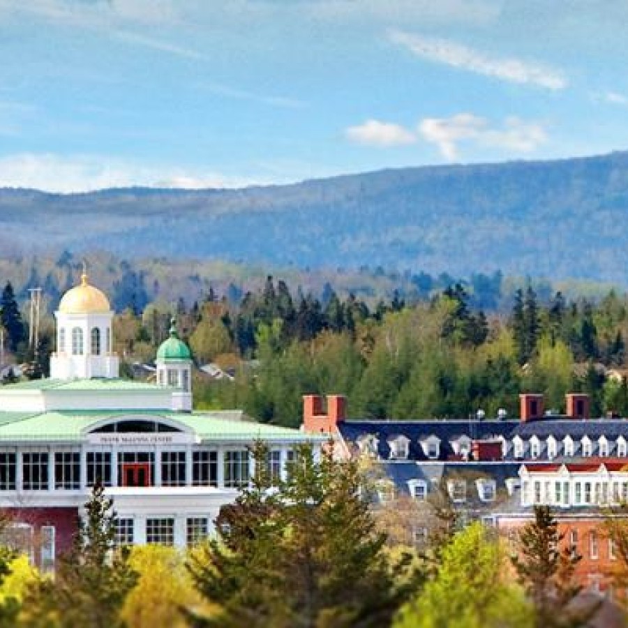 View of the top of campus buildings from above the tree line with the forested hills in the background.