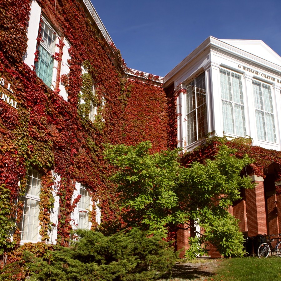 Exterior of the Angus L. Macdonald Library, covered in red and green ivy, on a sunny day.