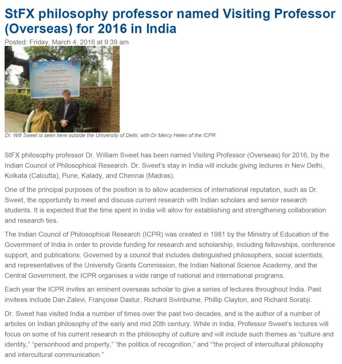 Dr. William Sweet named Visiting Professor (Overseas) for 2016 in India