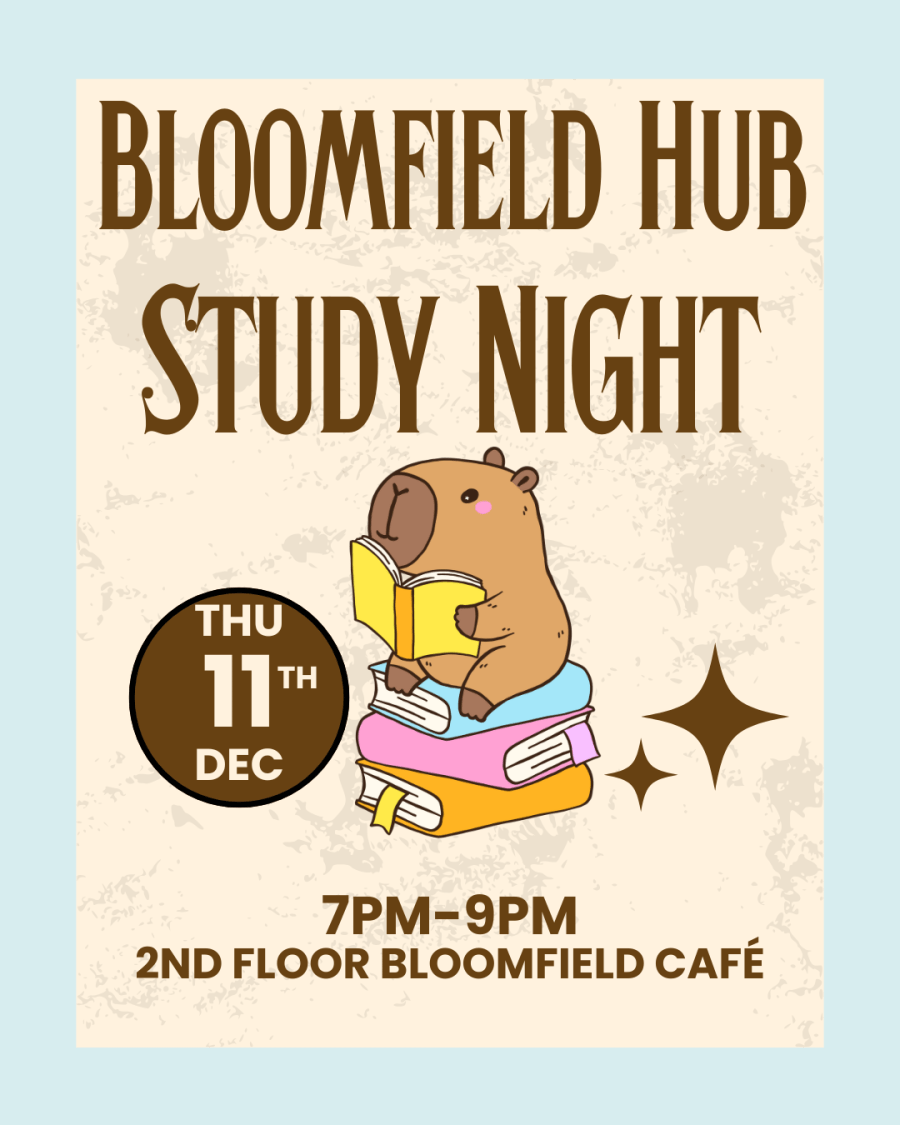 Beige background with light blue border, cute animal reading a yellow book, sitting on a stack of books text inviting to December 11th Study Night at Bloomfield Hub