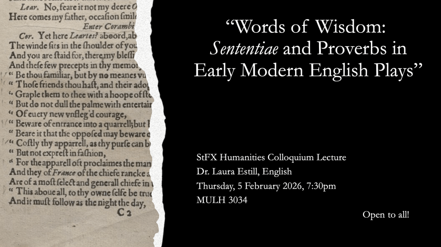 Humanities Colloquium poster with details of talk (on website) showing a speech by Corambis (Polonius) from Q1 Hamlet with commonplace markers in print and manuscript down the side