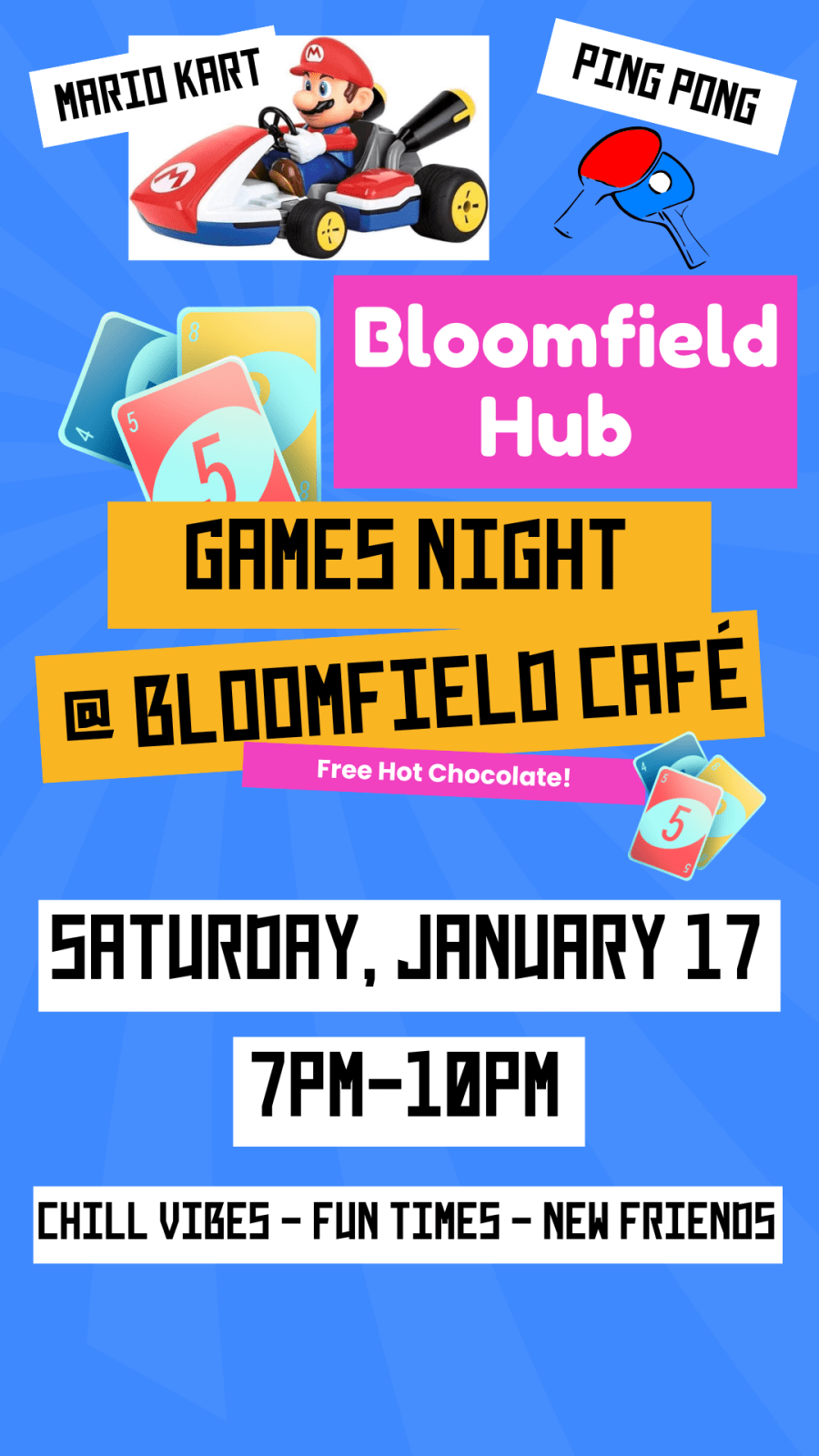Purple Background with pink, yellow, and white accents with text inviting reader to Jan 17 Bloomfield Hub Games Night