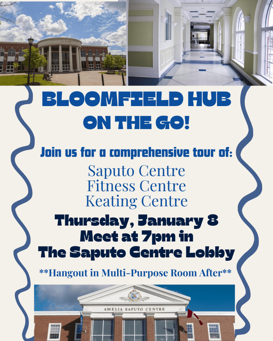 Beige background with images of StFX's Saputo and Keating Centres, blue text inviting reader to January 8th Tour at 7pm