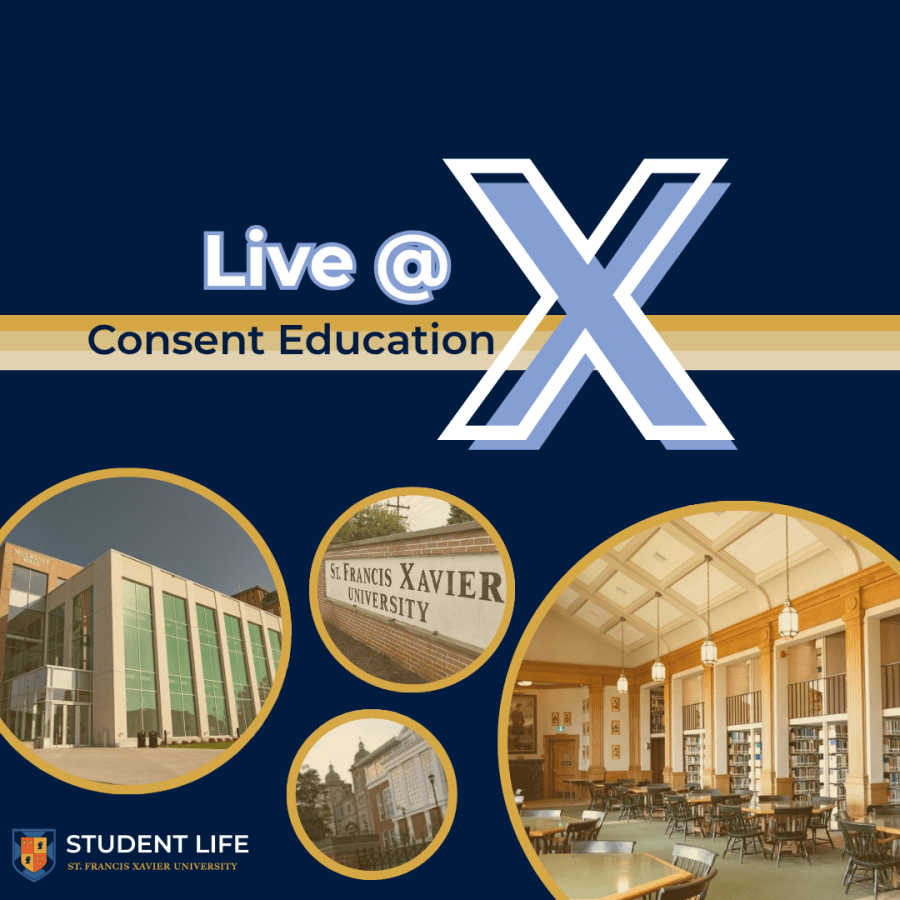 Graphic with blue background and gold accents and the title of the sessions and four pictures of various spaces on the campus