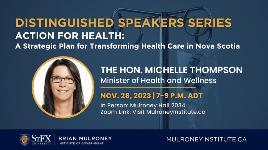 Presentation poster with photo of Minister Michelle Thompson.