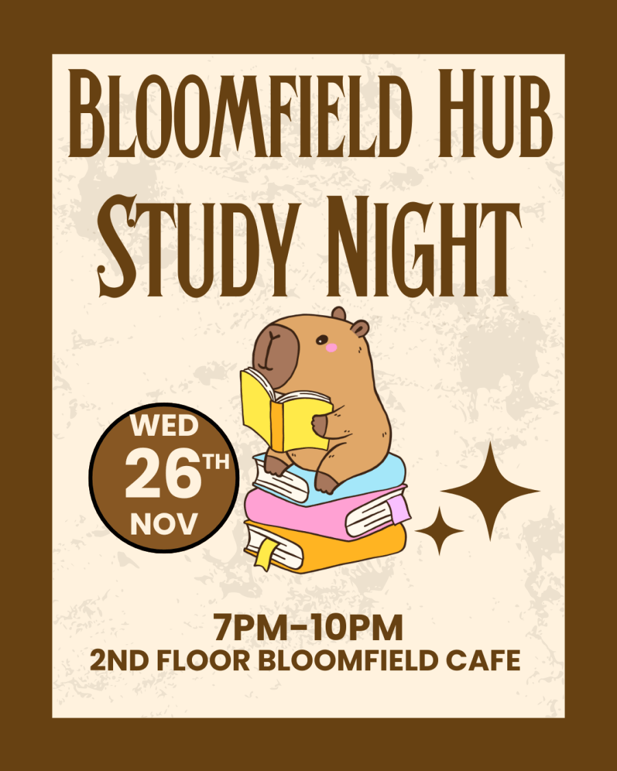 Beige background with dark brown border, cute animal reading a yellow book, sitting on a stack of books text inviting to November 26th Study Night at Bloomfield Hub