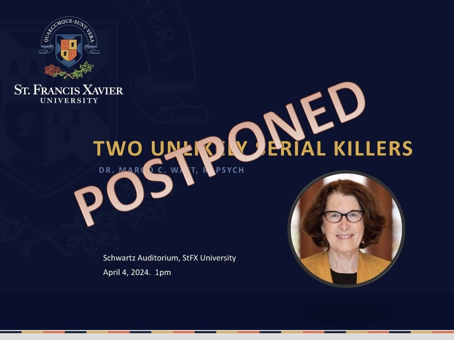 POSTPONED message on Postcard invitation to lecture by Dr. Margo Watt who is pictured in the bottom right corner.