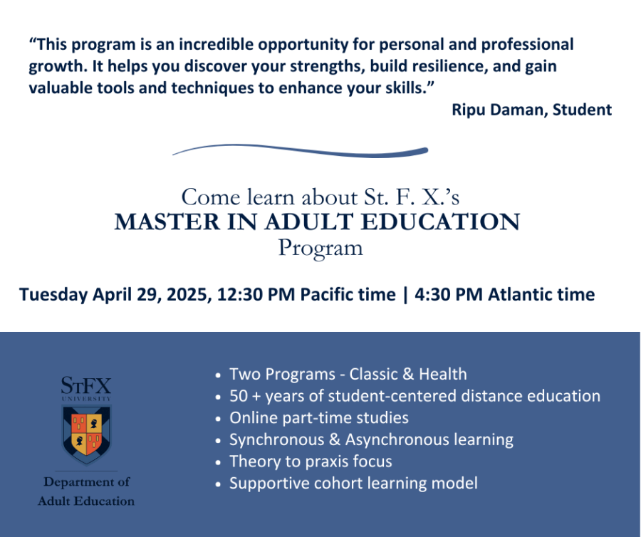Image calls attention to the information session including a quote "“This program is an incredible opportunity for personal and professional growth. It helps you discover your strengths, build resilience, and gain valuable tools and techniques to enhance your skills.”   Ripu Daman, Student
