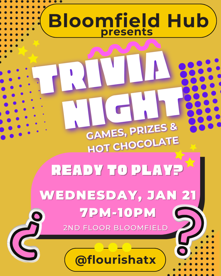Mustard Background with white, pink and purple accents plus text inviting reader to Bloomfield Hub Trivia Night Jan 21 