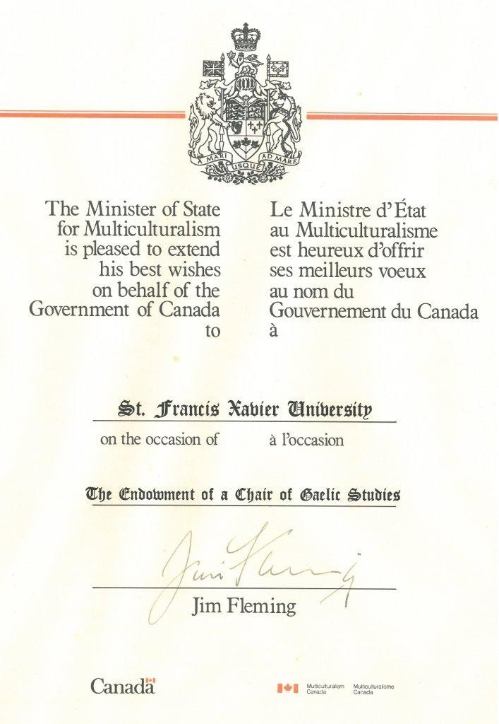 Document in Which the Government of Canada Endows Gaelic Studies at St. FX