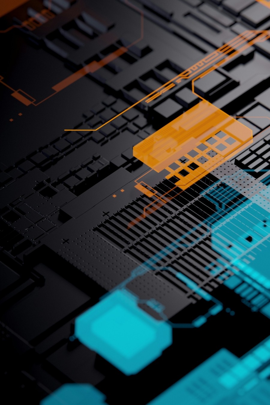 An internal view of a computer hard drive with chips coloured in orange and blue.
