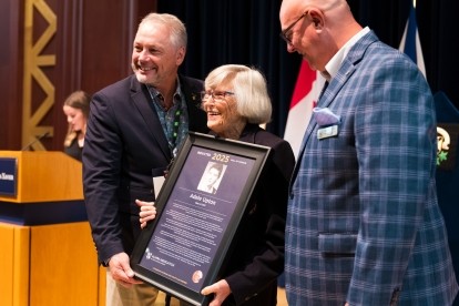 Adele Upton '53, StFX Hall of Honour 2025 Inductee with President Andy Hakin and Alumni Association President Mike Gillis '87