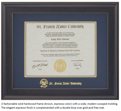 A fashionable solid hardwood frame (brown, espresso color) with a wide, modern scooped molding. The elegant espresso finish is complemented with a double blue over gold acid free mat.