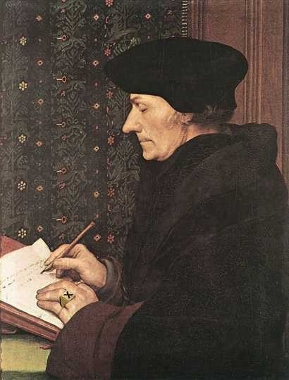 Side-profile portrait of Desiderius Erasmus of Rotterdam wearing an X-Ring while writing on a piece of paper.