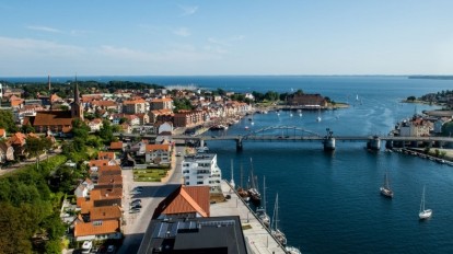 Town of Sonderborg, Denmark by the bay with a bridge in the background